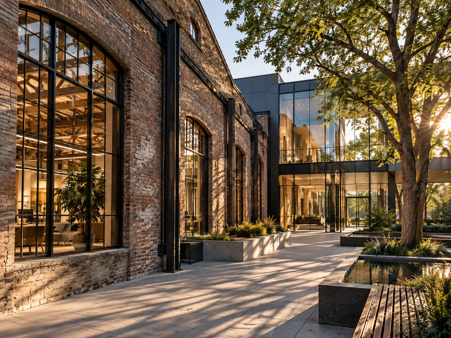 Adaptive-reuse concept: historic brick architecture meets a contemporary glass addition around a sunlit courtyard.